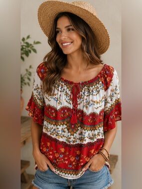 Bila Boho Floral Peasant Top Red Ivory Off Shoulder Flutter Sleeve Blouse M